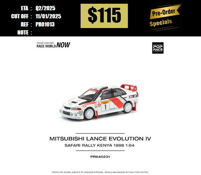 PO-$115 * POP RACE * 1:64 MITSUBISHI LANCER EVOLUTION IV SAFARI RALLY KENYA 1998 [OD01/01]
