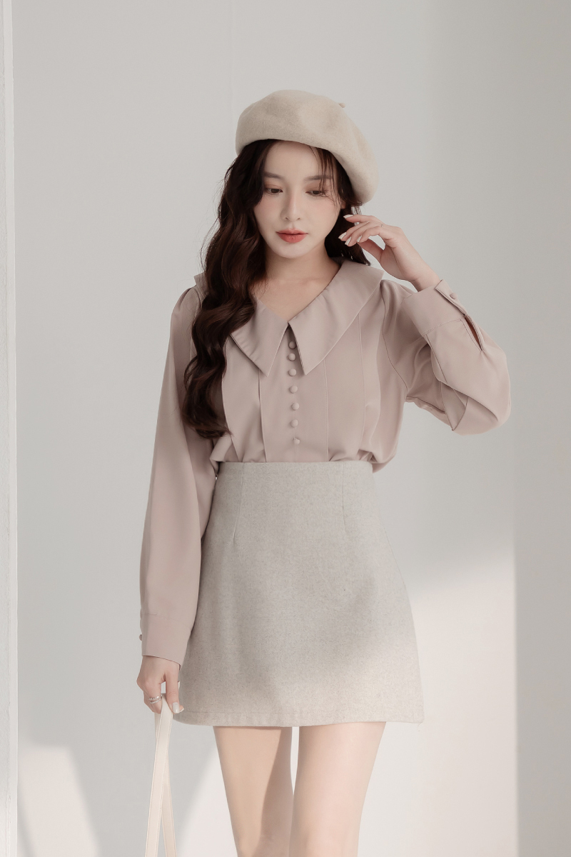 假排釦打摺雪紡襯衫上衣