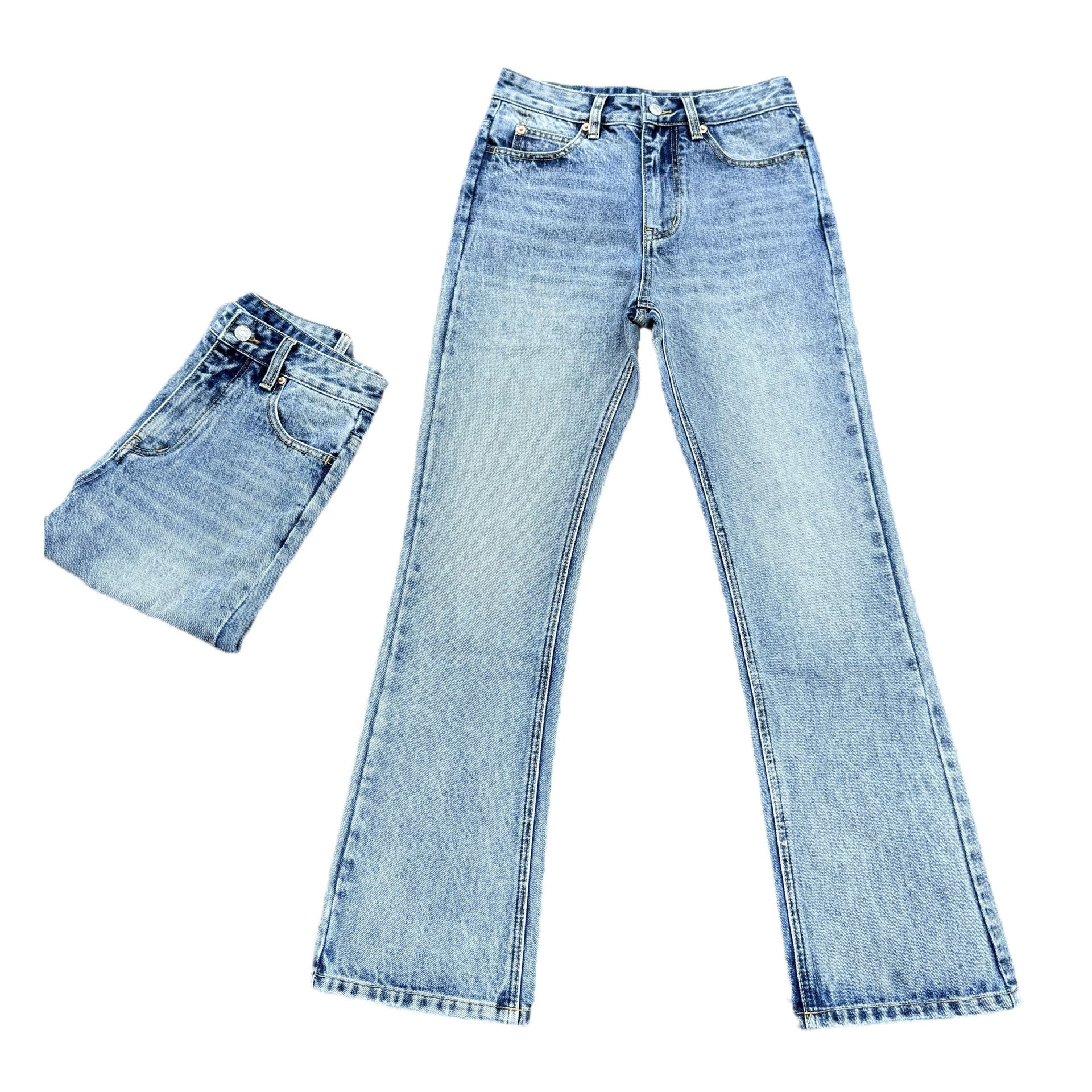 Cleanfit流行百搭微喇吧牛仔褲（淺藍大理石紋刷色）