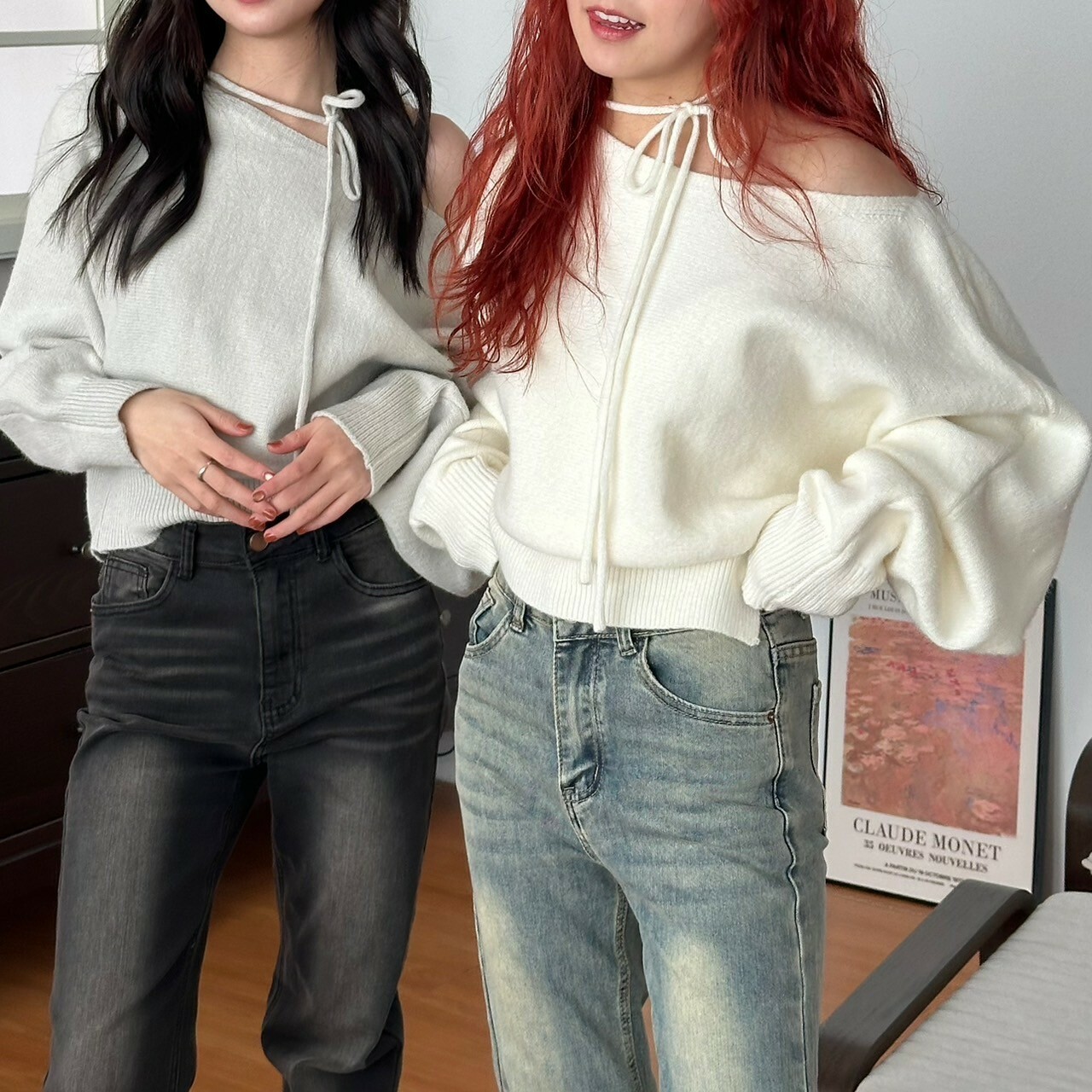 斜肩設計感綁帶毛衣