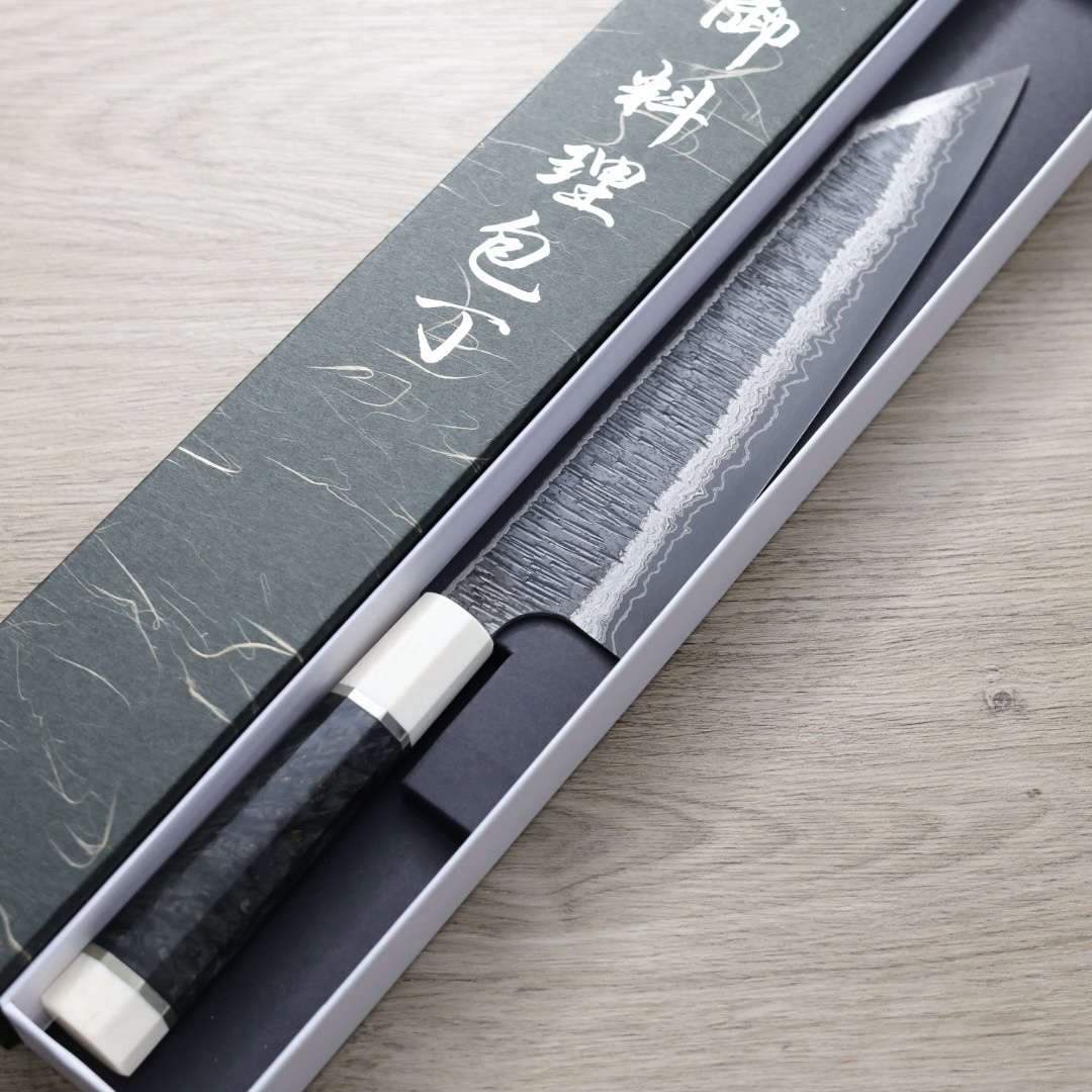 初心x二唐 切付牛刀 240mm 無芯鋼 黑打大馬士革