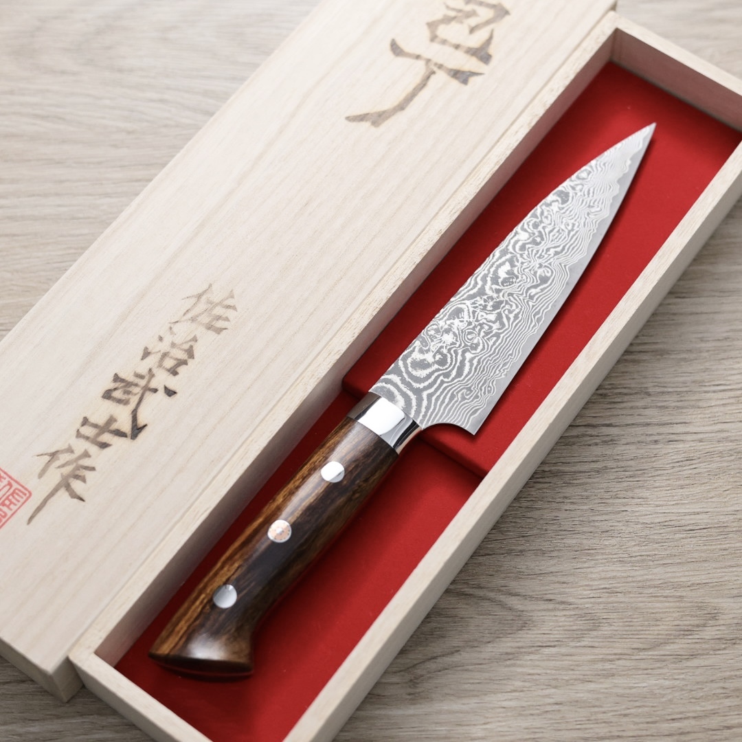 佐治武士 蔬果 130mm R2粉末HSS鋼 大馬士革 沙漠鐵木柄