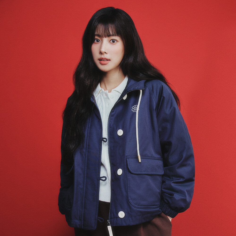 Wacky Willy Women's Floristry Embroidery Hooded Button Padded Jumper - Dark Navy