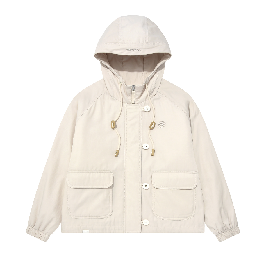 Wacky Willy Women's Floristry Embroidery Hooded Button Padded Jumper - Cream