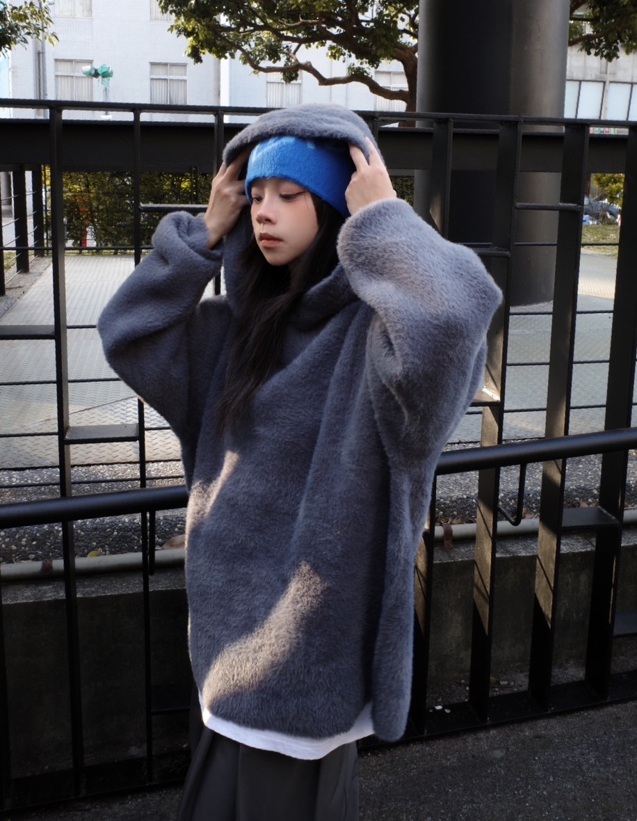 暖呼呼馬海毛寬鬆OVERSIZE連帽毛衣 黑色/藍灰/淺灰