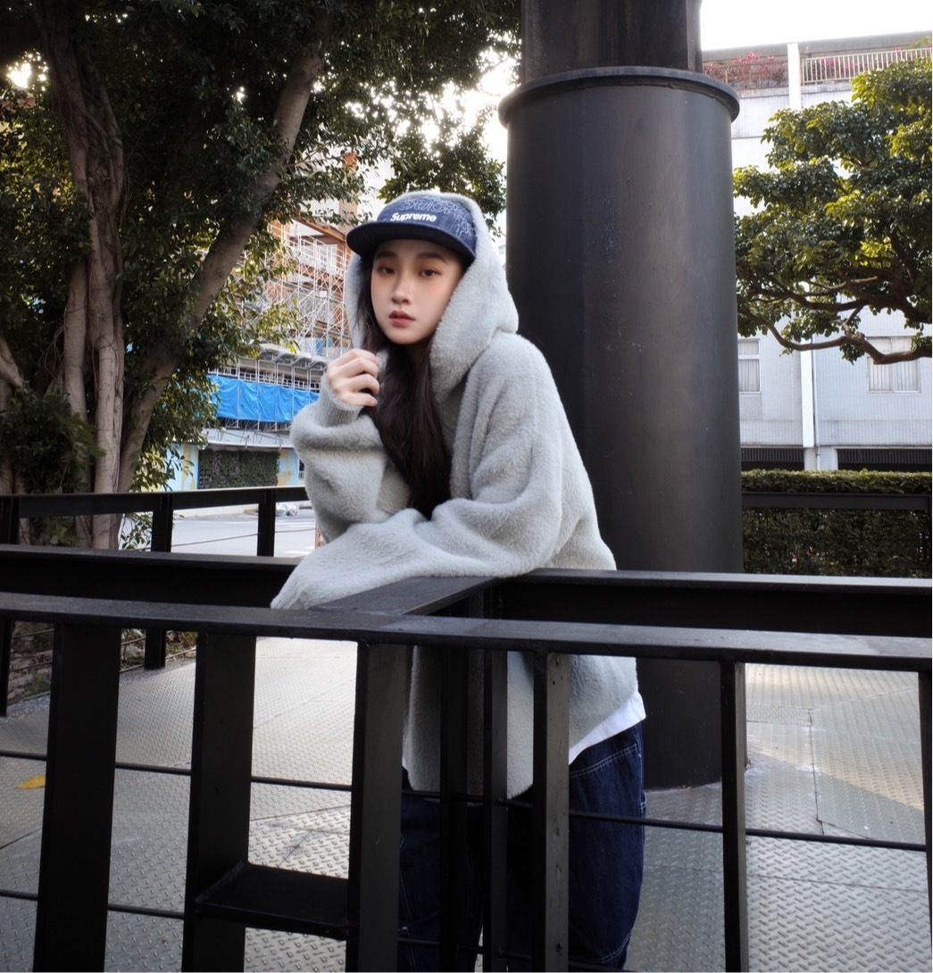 暖呼呼馬海毛寬鬆OVERSIZE連帽毛衣 黑色/藍灰/淺灰