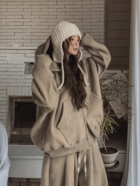 加絨連帽休閒拉鍊外套