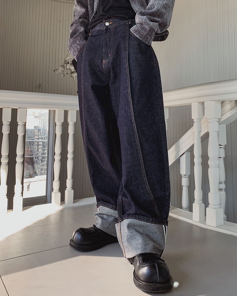 內襯捲起氣球貼合原色牛仔褲