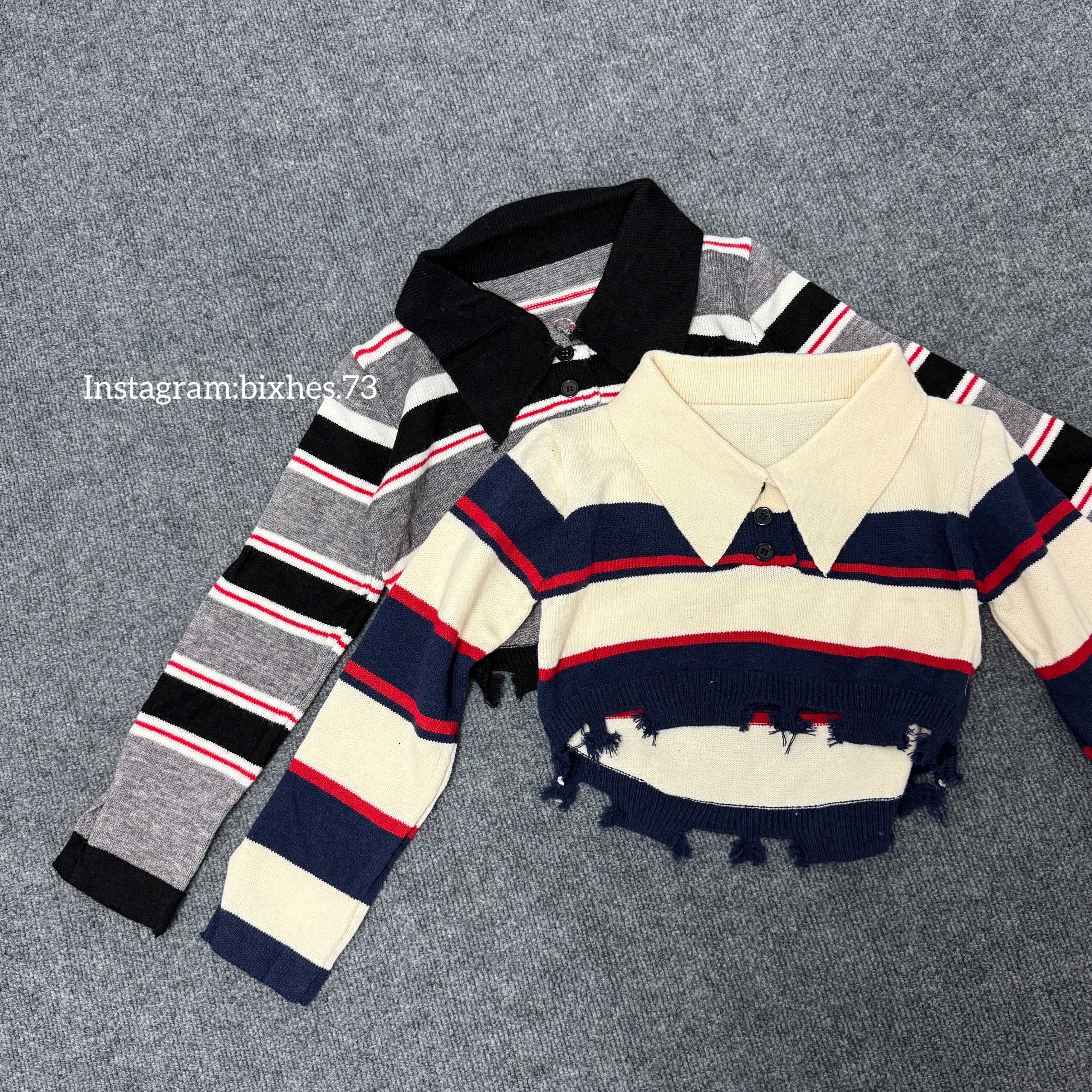 條紋小破壞短版針織長T(B00111)