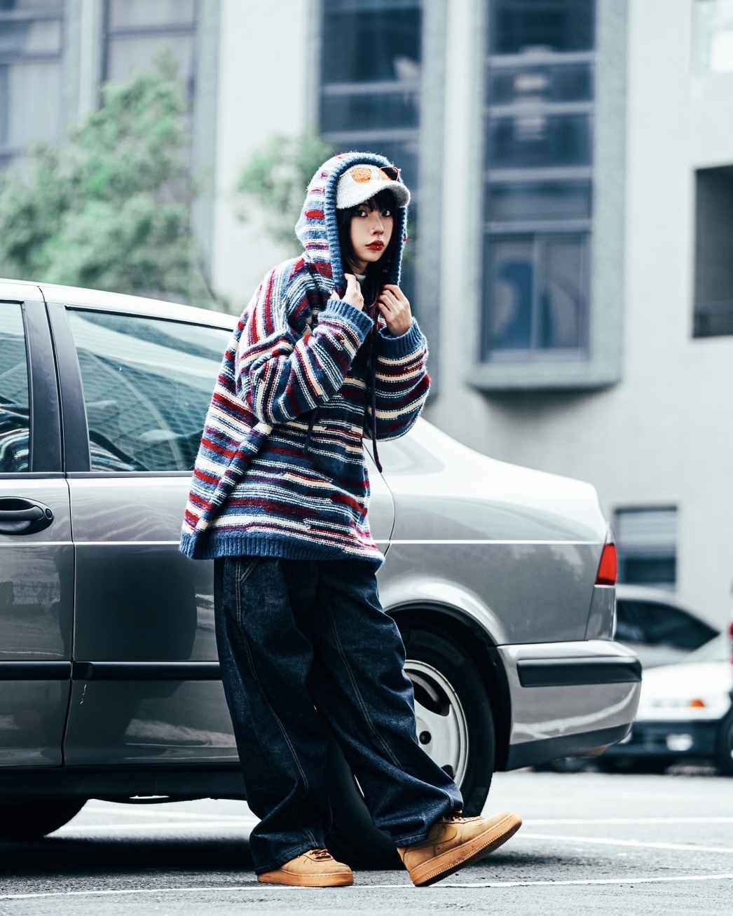 JIN UNIVERSAL🇰🇷不規則條紋針織連帽帽T