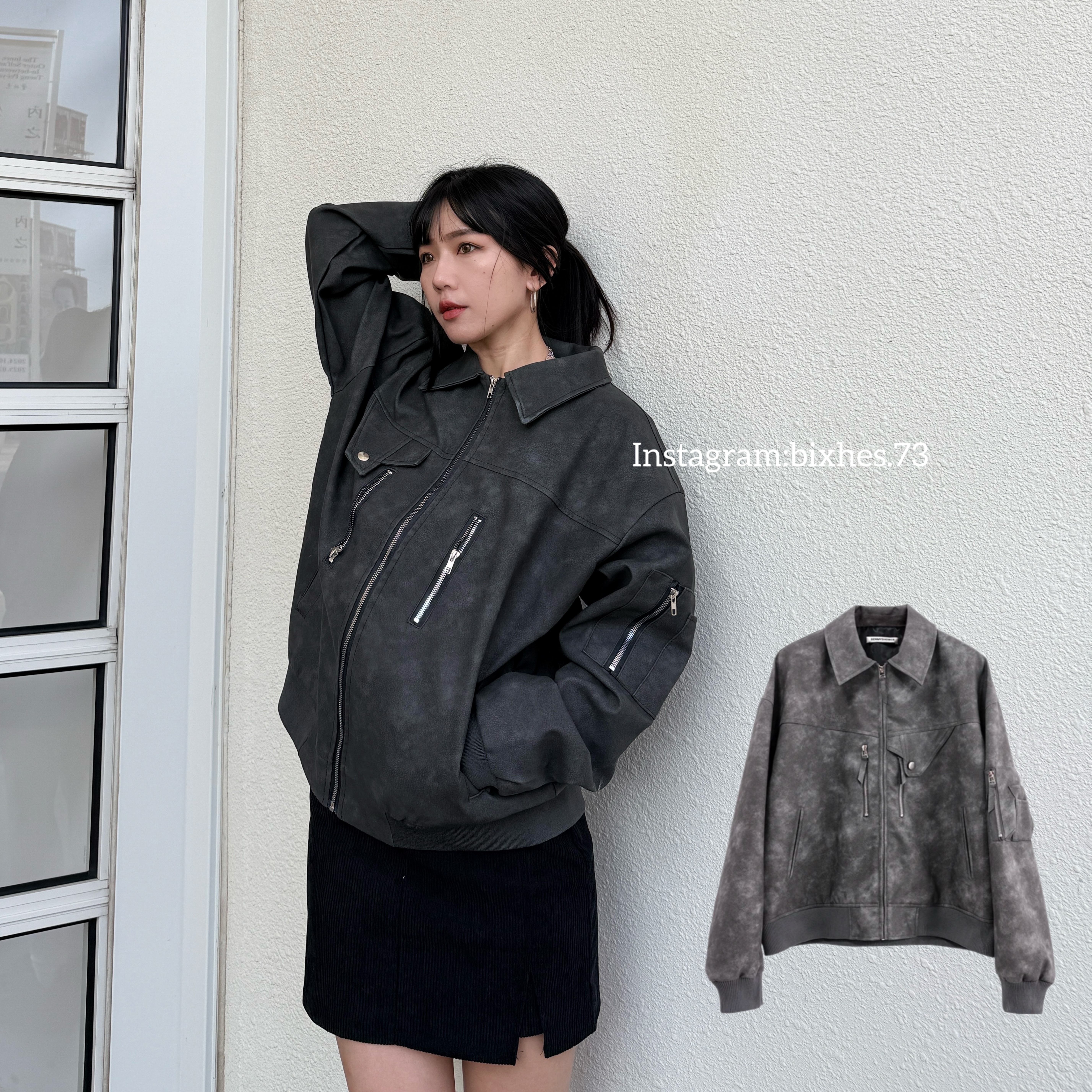 翻領渲染皮革夾克外套(F00052)