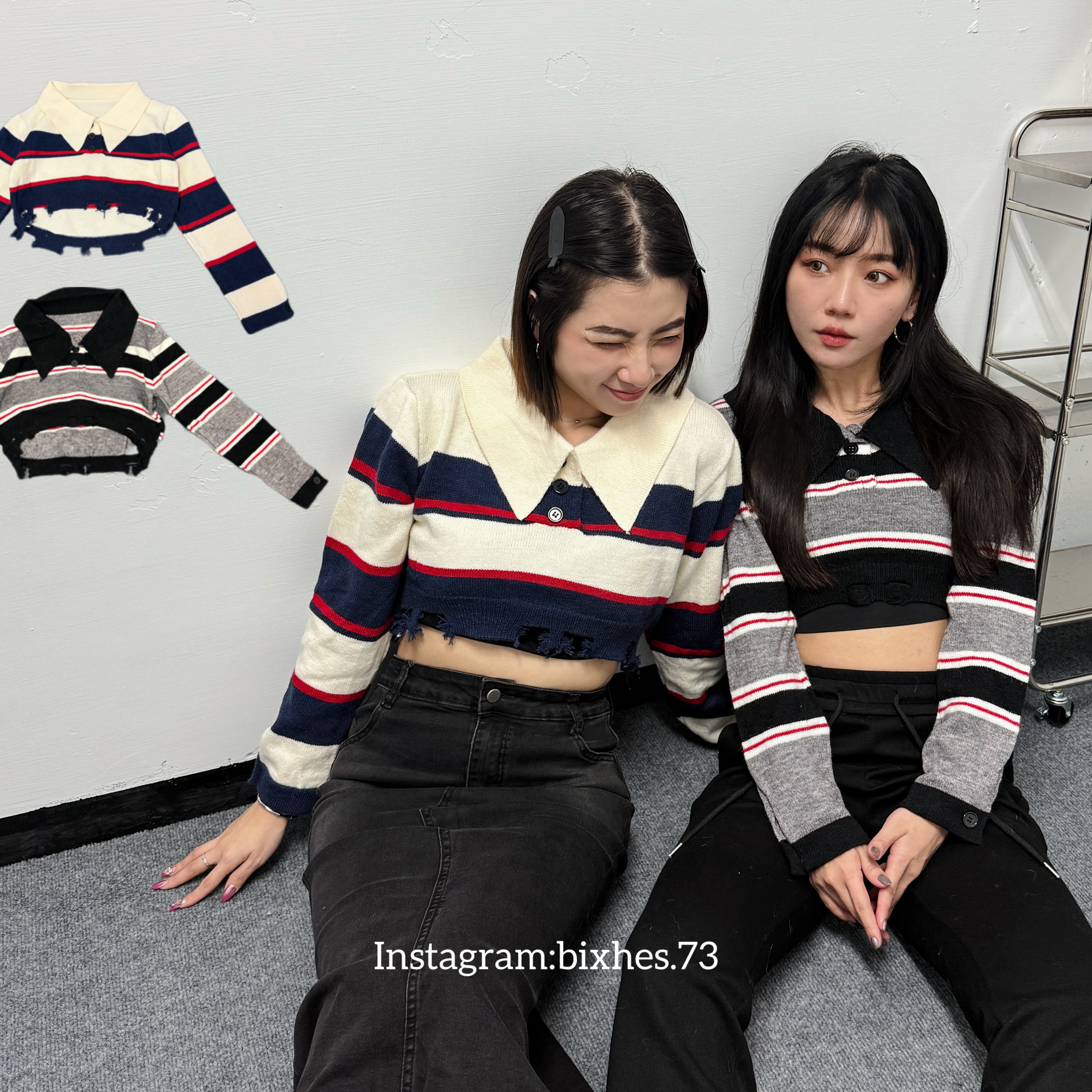 條紋小破壞短版針織長T(B00111)