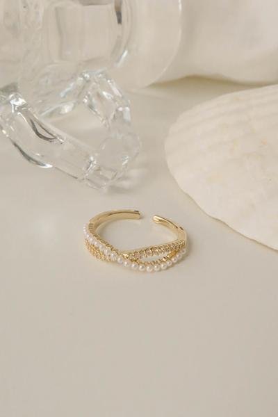 交叉珍珠設計可調式戒指