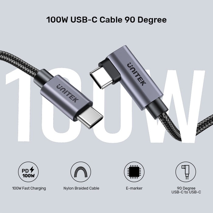 UNITEK - 【C14123BK】100W USB-C 90度轉角快充數據線/充電線 (50CM/1M/2M)