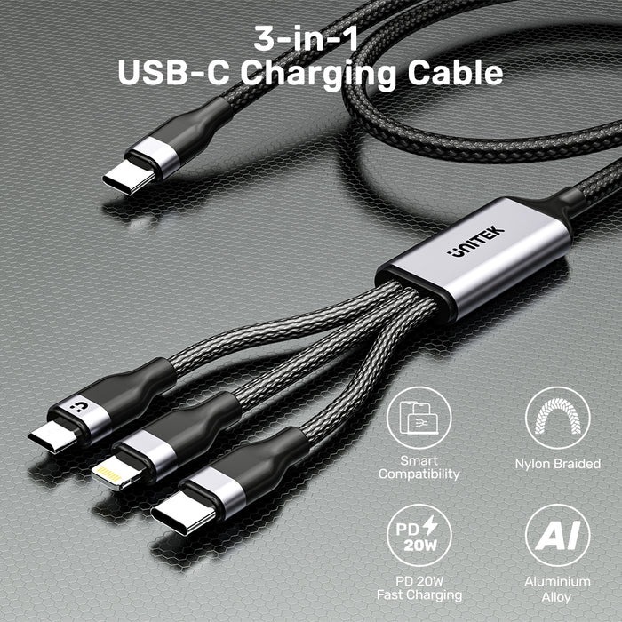 UNITEK - 3合1 USB-C快充數據線/充電線【C14101AGY01-1.5M】(太空灰)