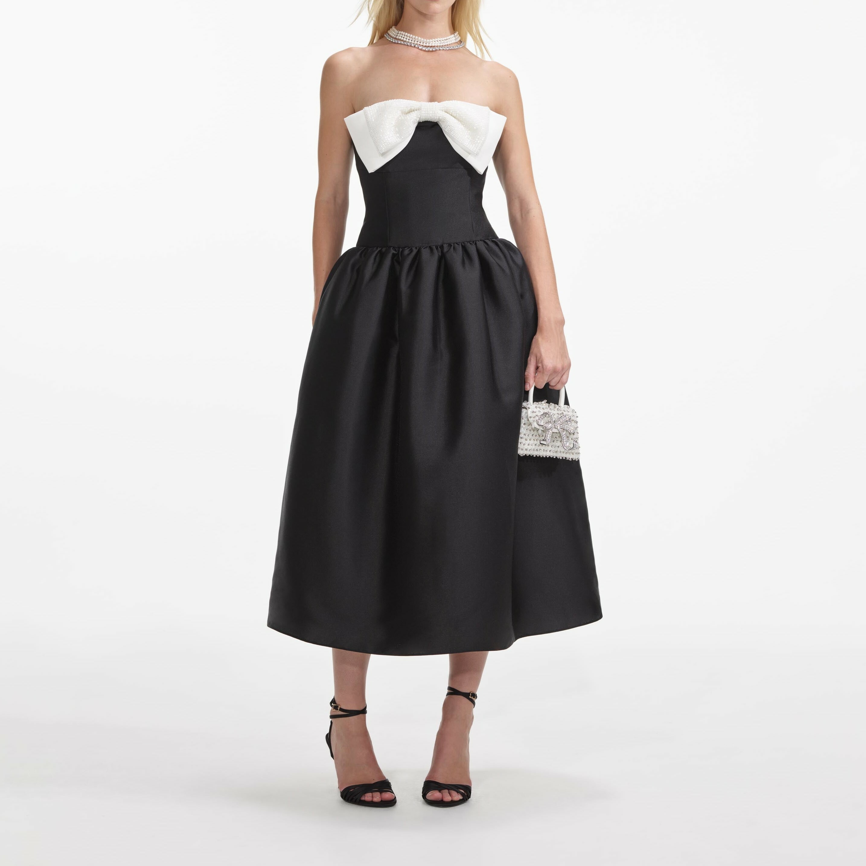 1SP0102-005 SELF PORTRAIT Black Taffeta Contrast Bow Midi Dress #RS25049MBB-BLACK (C-NB-E)