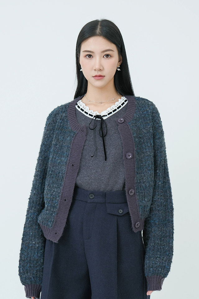 凹凸毛冷撞色邊cardigan (*現貨款式）