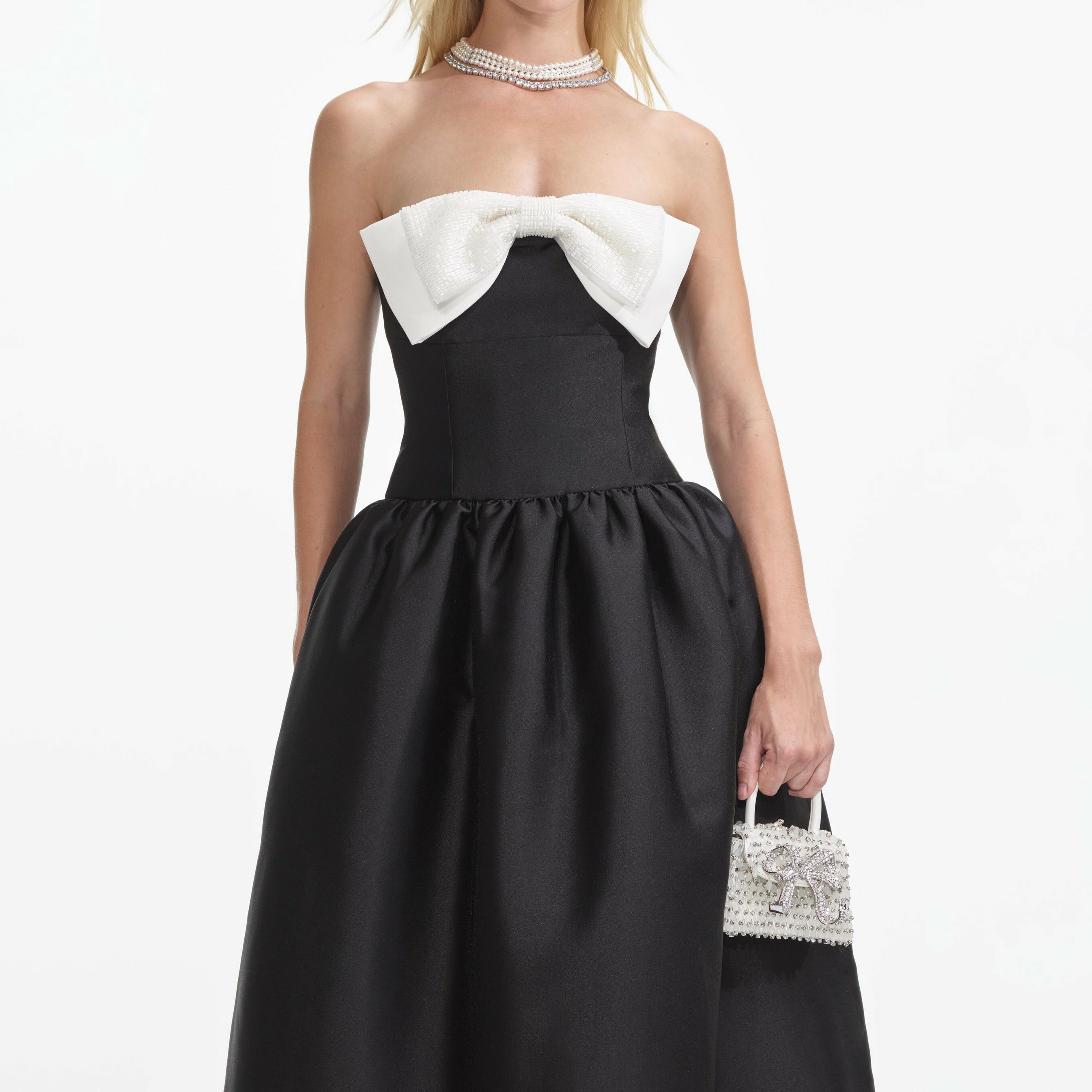 1SP0102-005 SELF PORTRAIT Black Taffeta Contrast Bow Midi Dress #RS25049MBB-BLACK (C-NB-E)