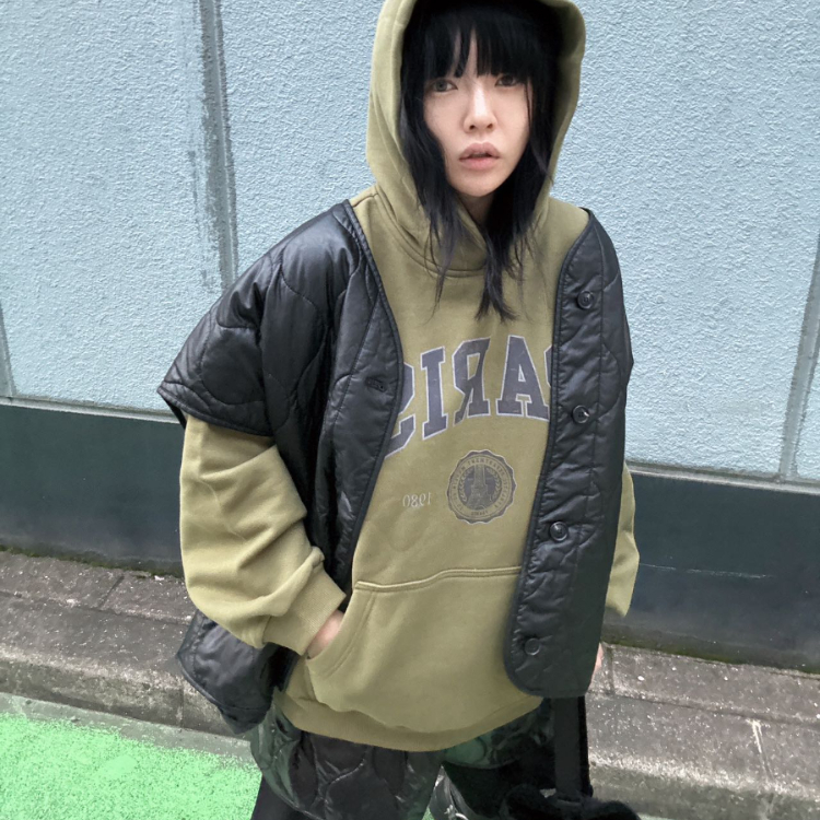 韓國 VL 復古Paris內裏抓絨連帽T 軍綠