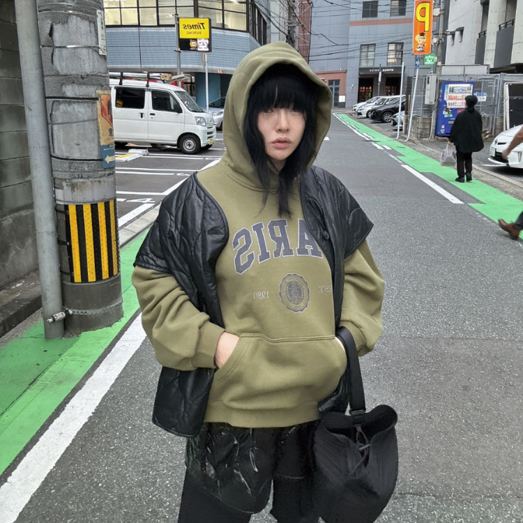 韓國 VL 復古Paris內裏抓絨連帽T 軍綠