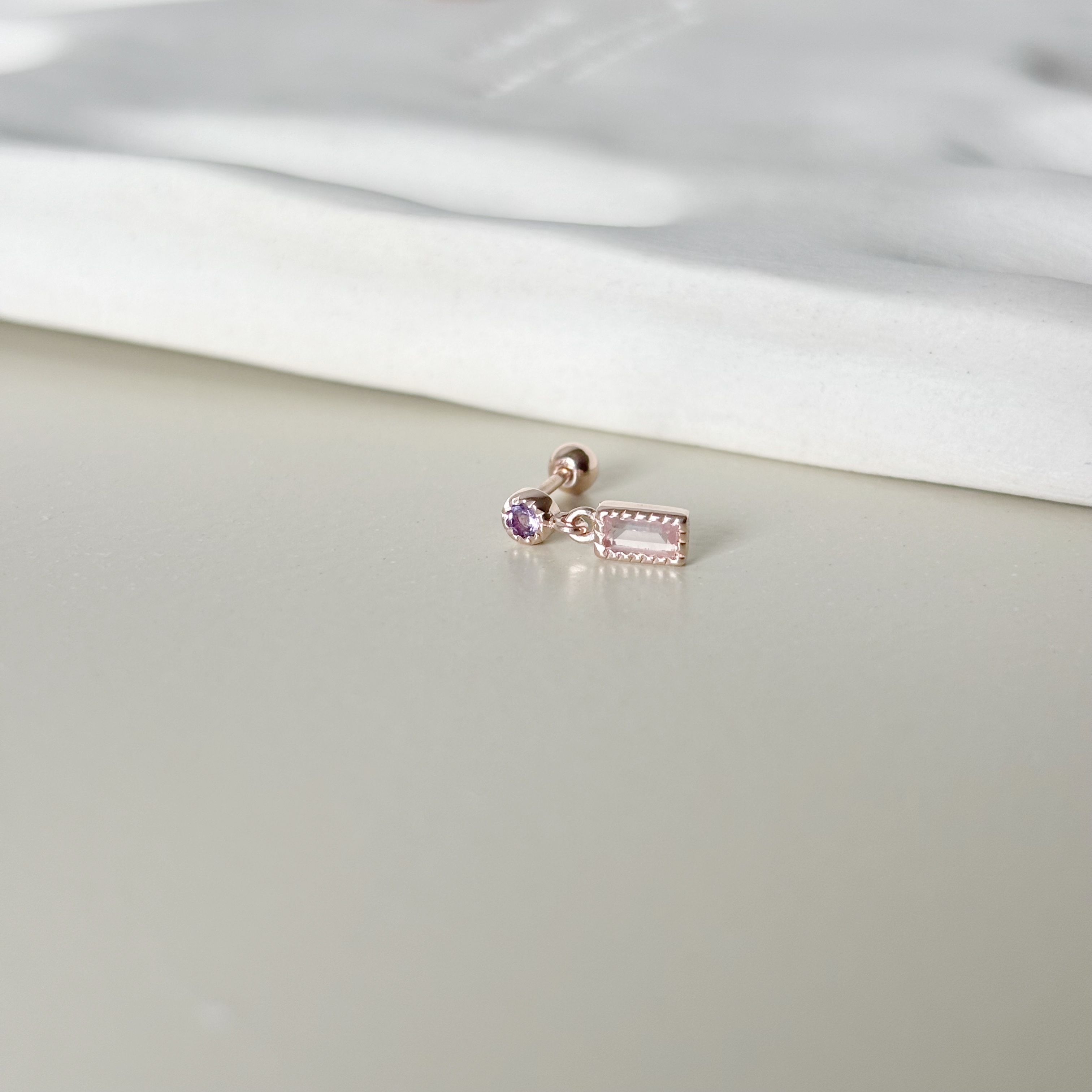 蛋糕長方小圓粉紫水晶轉珠耳環