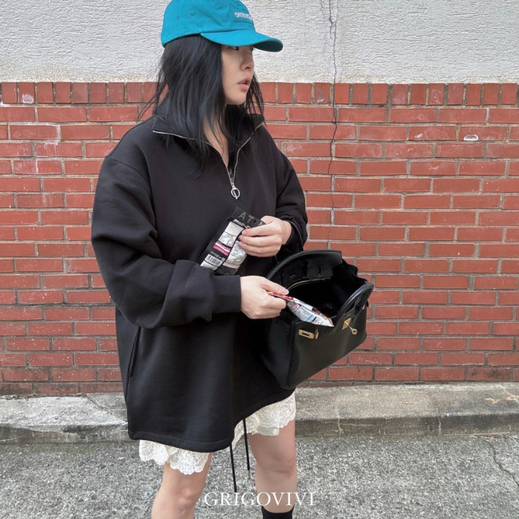 韓國 VL 金屬拉鍊翻領內裏抓絨長版上衣 黑
