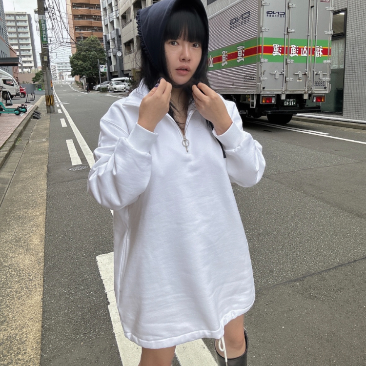 韓國 VL 金屬拉鍊翻領內裏抓絨長版上衣 白
