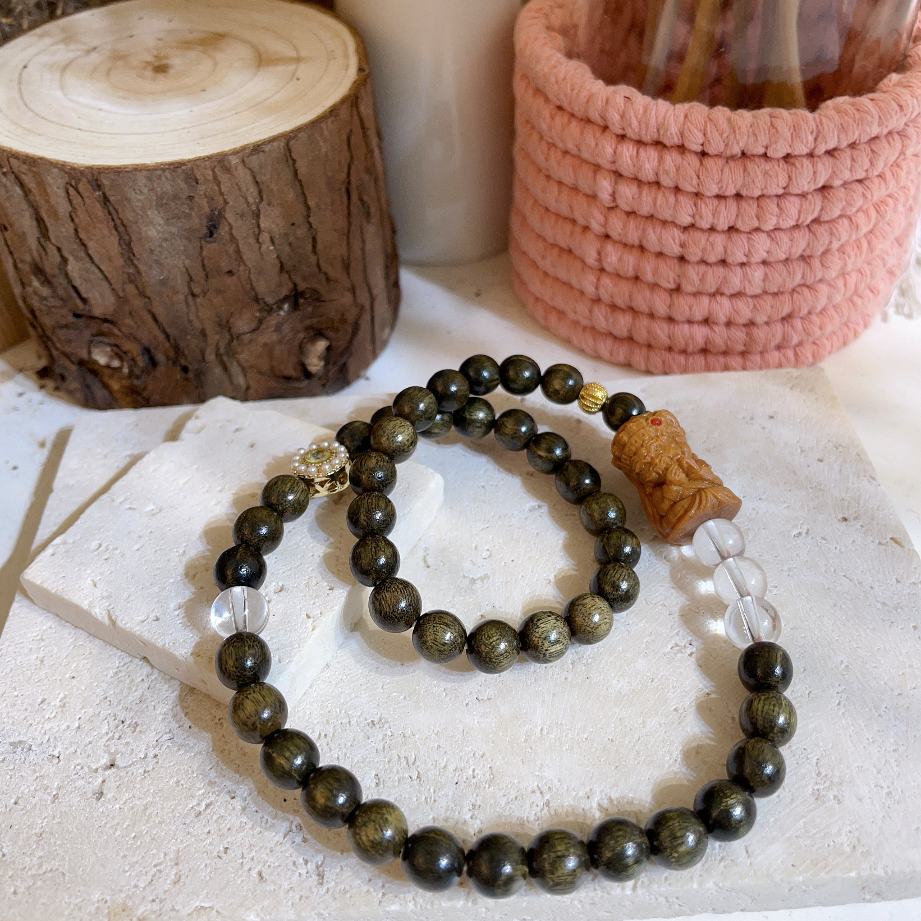 陰沉木扎基拉姆雕刻拼白水晶雙圈 7+mm