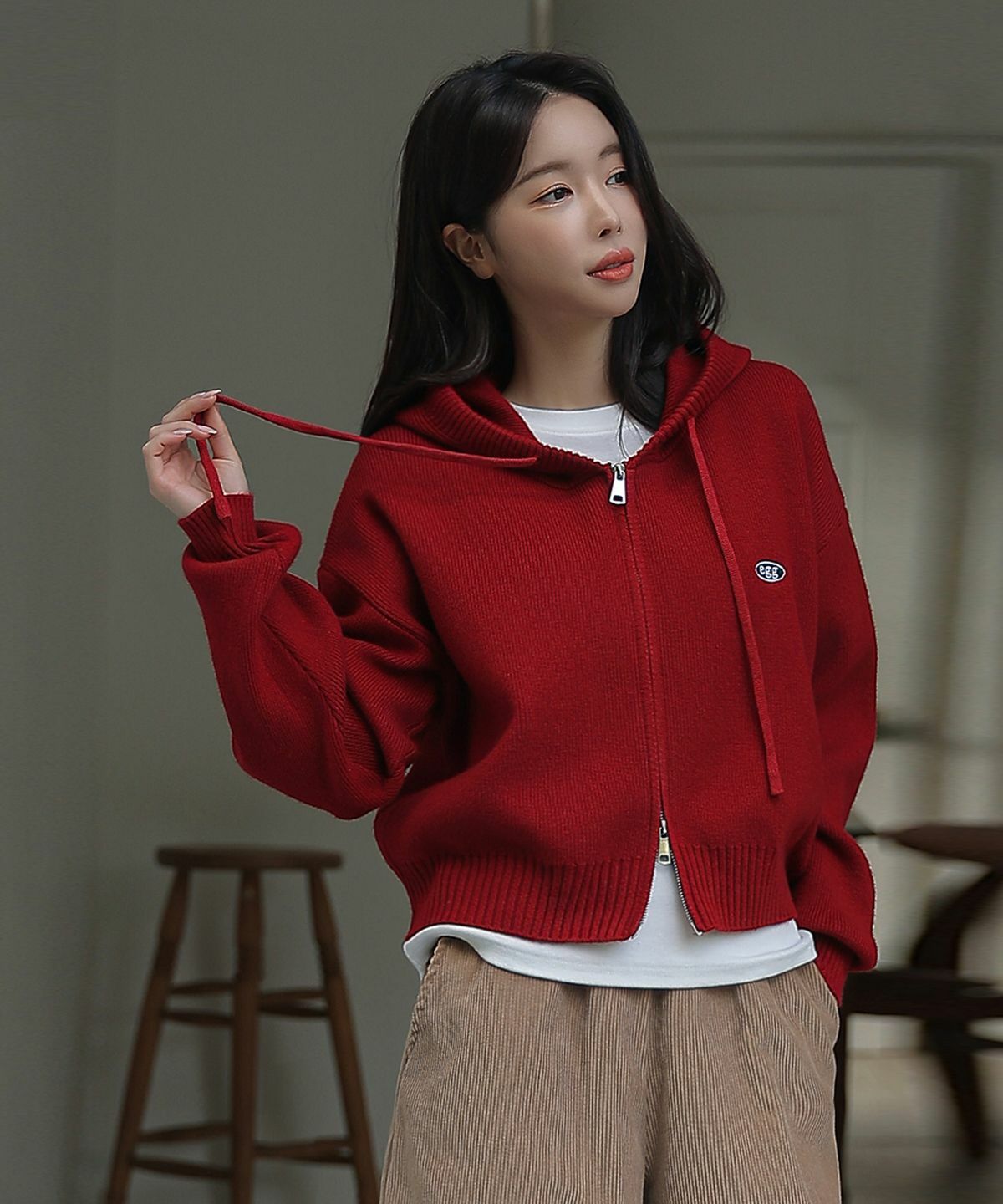 FRENCHCHIC Cos Egg Embroidery Two-Way Knit Zip-Up Hoodie Cardigan