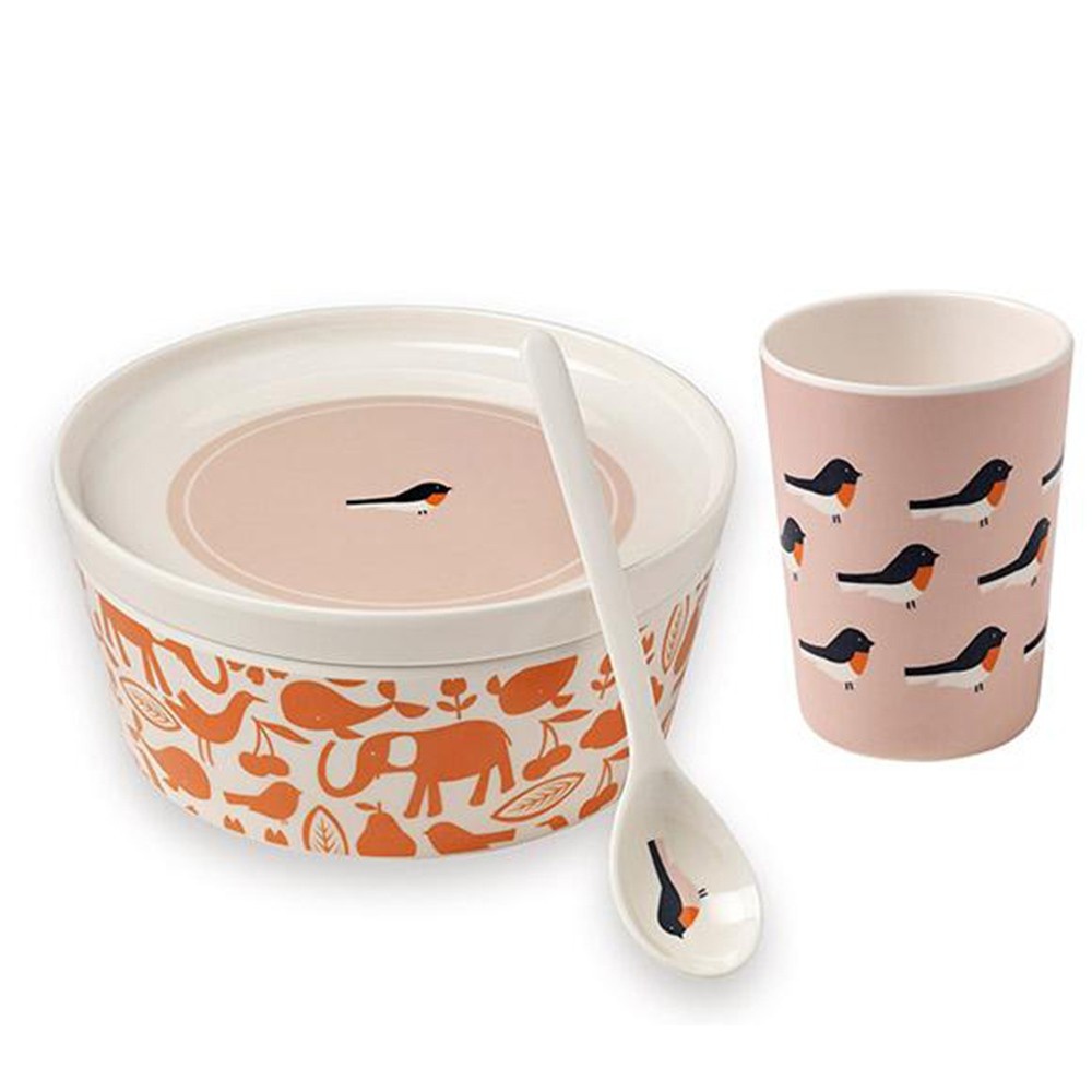 法國BANDJO 橘粉鳥碗餐盤杯組