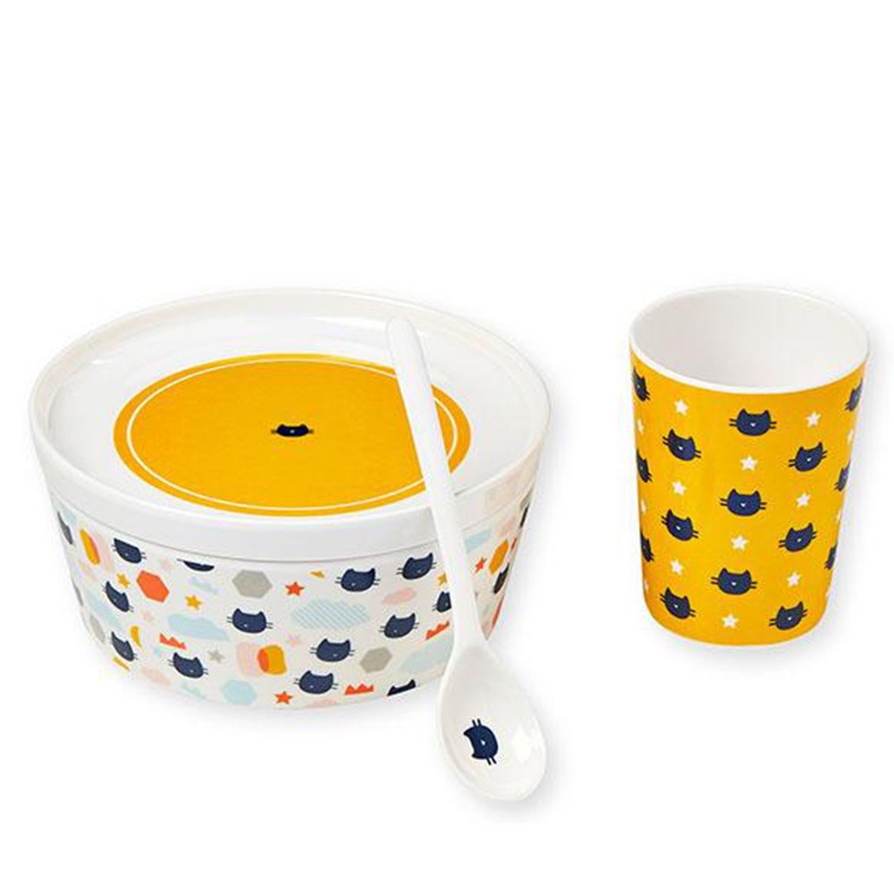 法國BANDJO 黃白貓碗餐盤杯組