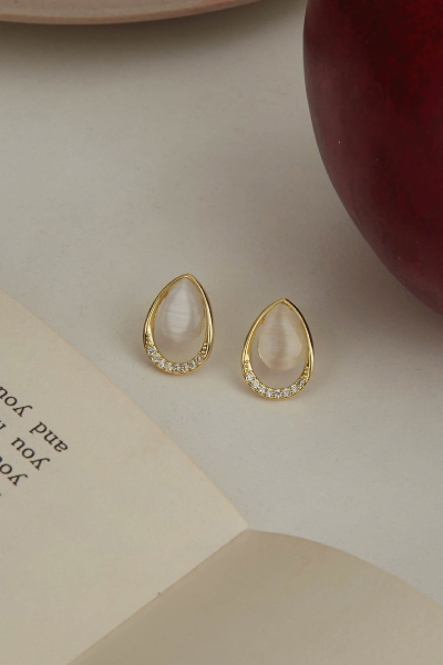 水滴貓眼鋯石。銀針耳環