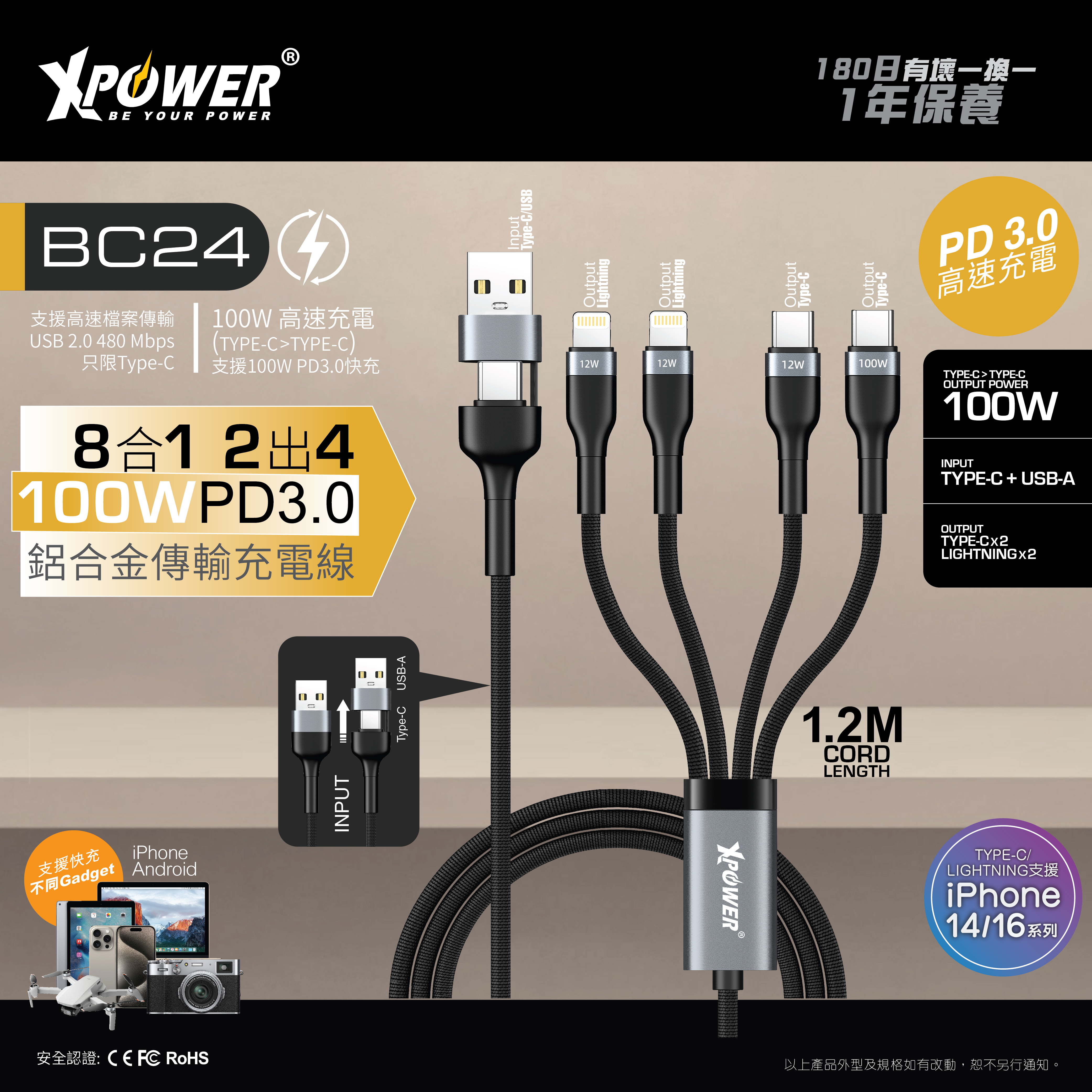 XPower BC24  8合1 2出4 100W PD3.0  鋁合金傳輸快速充電線