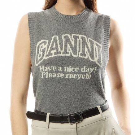 1LN0102-003 GANNI Graphic Wool Logo Vest Grey #K2308-523 (C-NB-E)