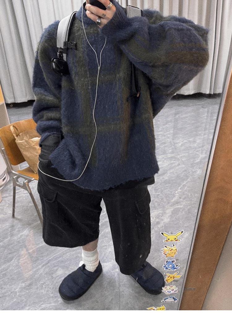 Aurocean 復古 撞色 格紋 馬海毛 針織毛衣