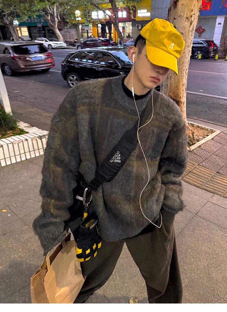 Aurocean 復古 撞色 格紋 馬海毛 針織毛衣