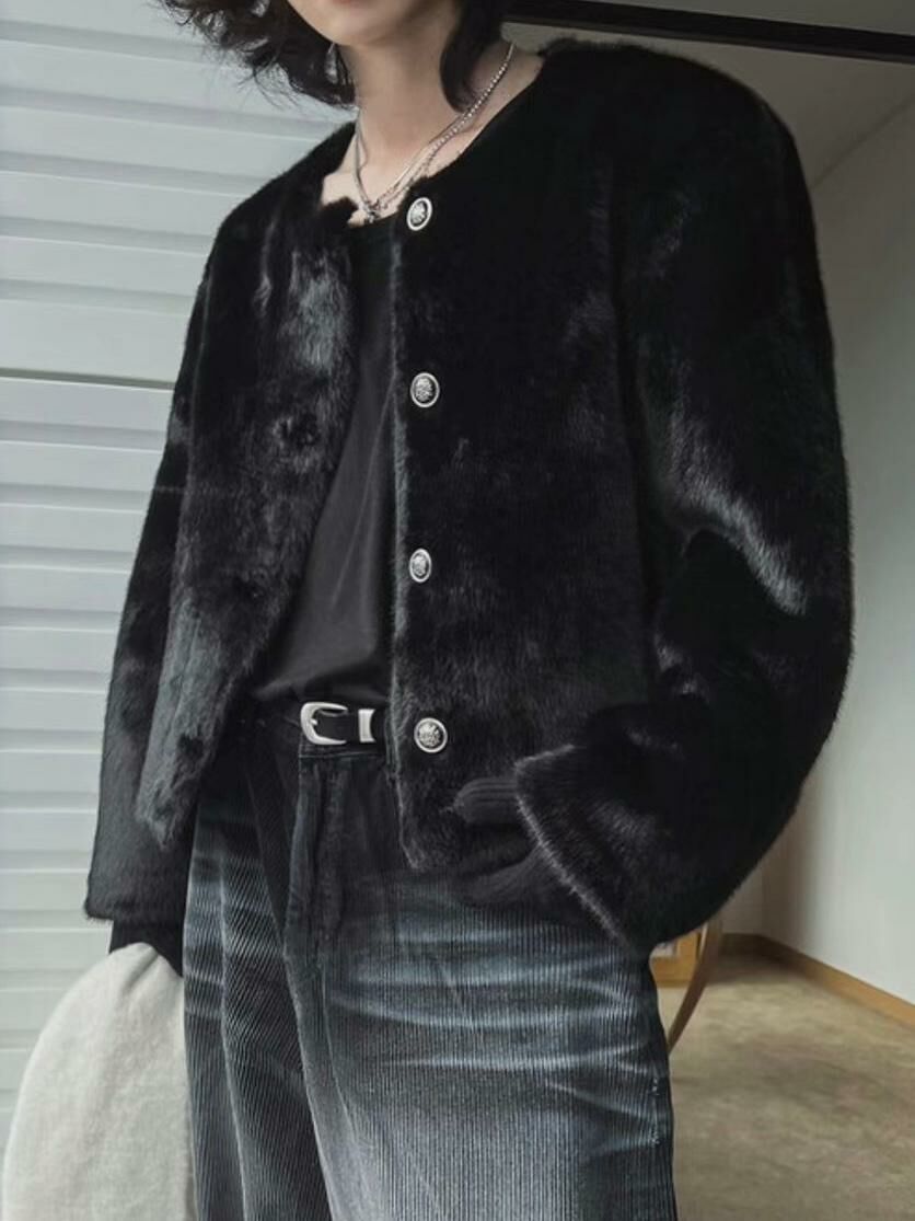 淨色圓領猄面拼毛毛開胸外套(雙面) TAC-0076JK