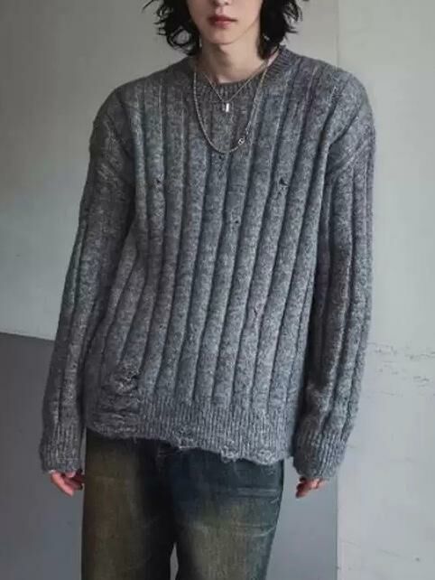 淨色圓領破洞暗直紋針織衫 TAC-0081T