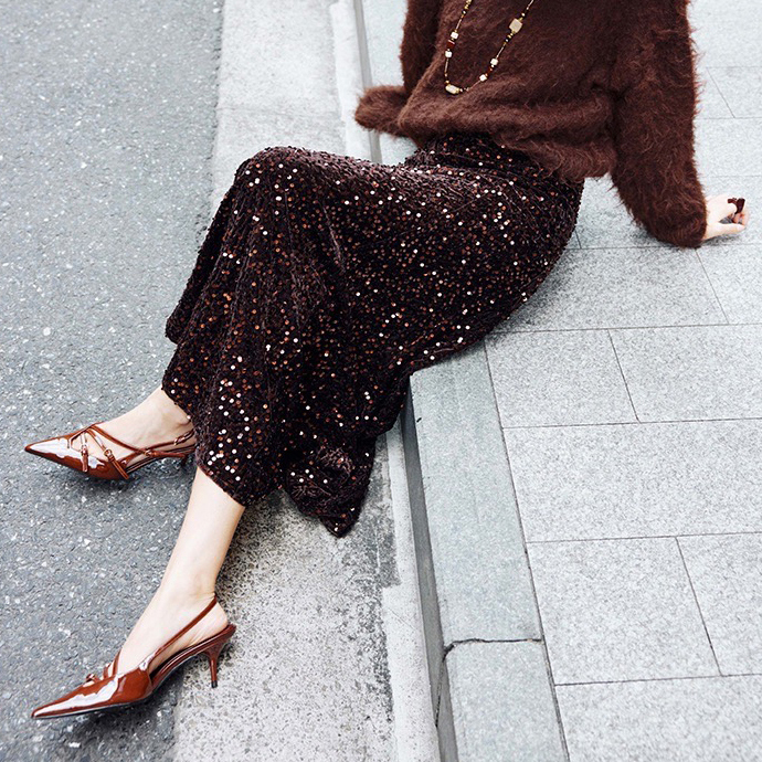 焦糖咖滿滿亮片飄逸落地魚尾長裙S-XL (Elegant & Love)