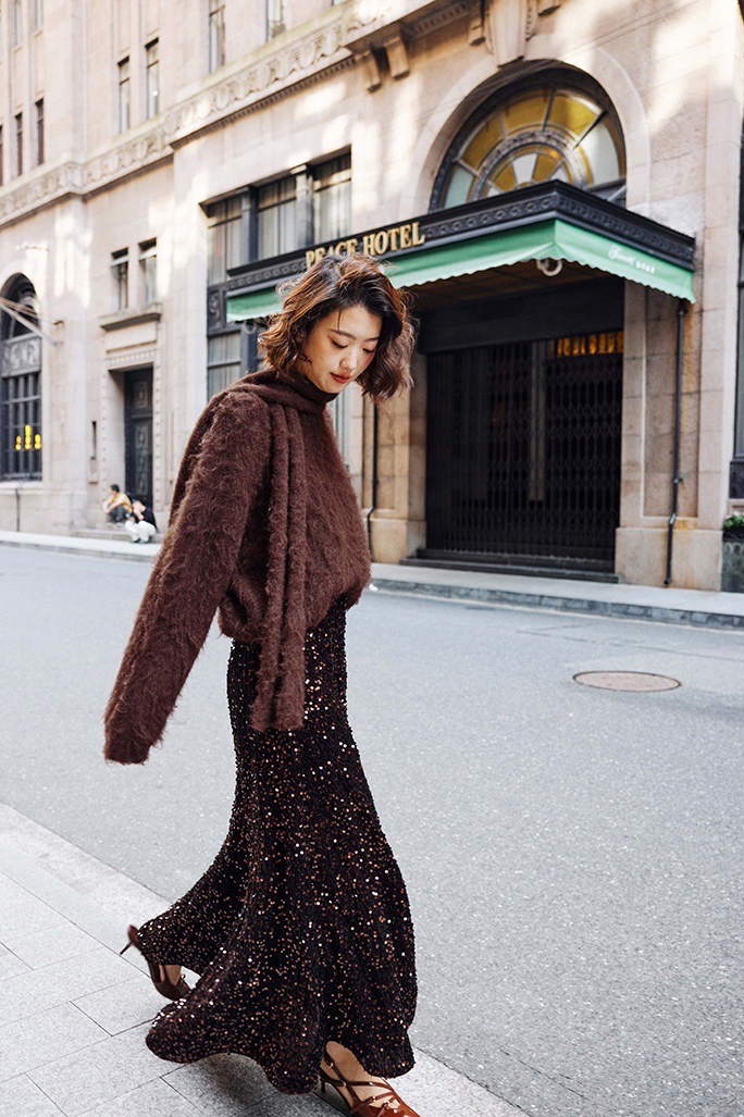 焦糖咖滿滿亮片飄逸落地魚尾長裙S-XL (Elegant & Love)