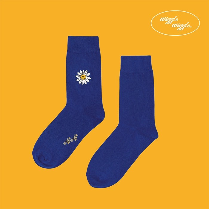 Wiggle Wiggle 系列 - 笑哈哈花花刺繡中筒襪 藍色 22-25 4103