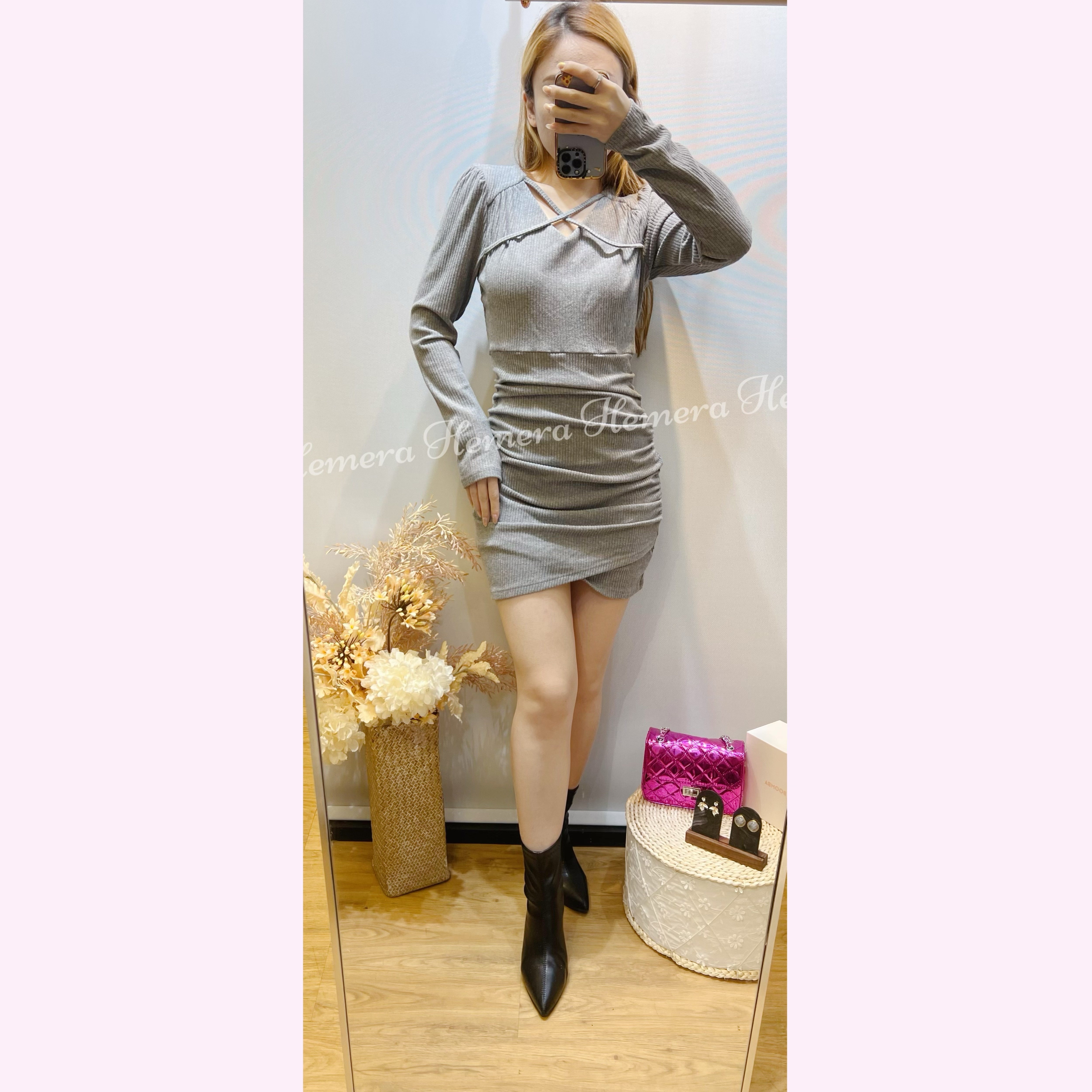 DR24W0104 性感交叉帶公主袖摺摺開叉連身裙