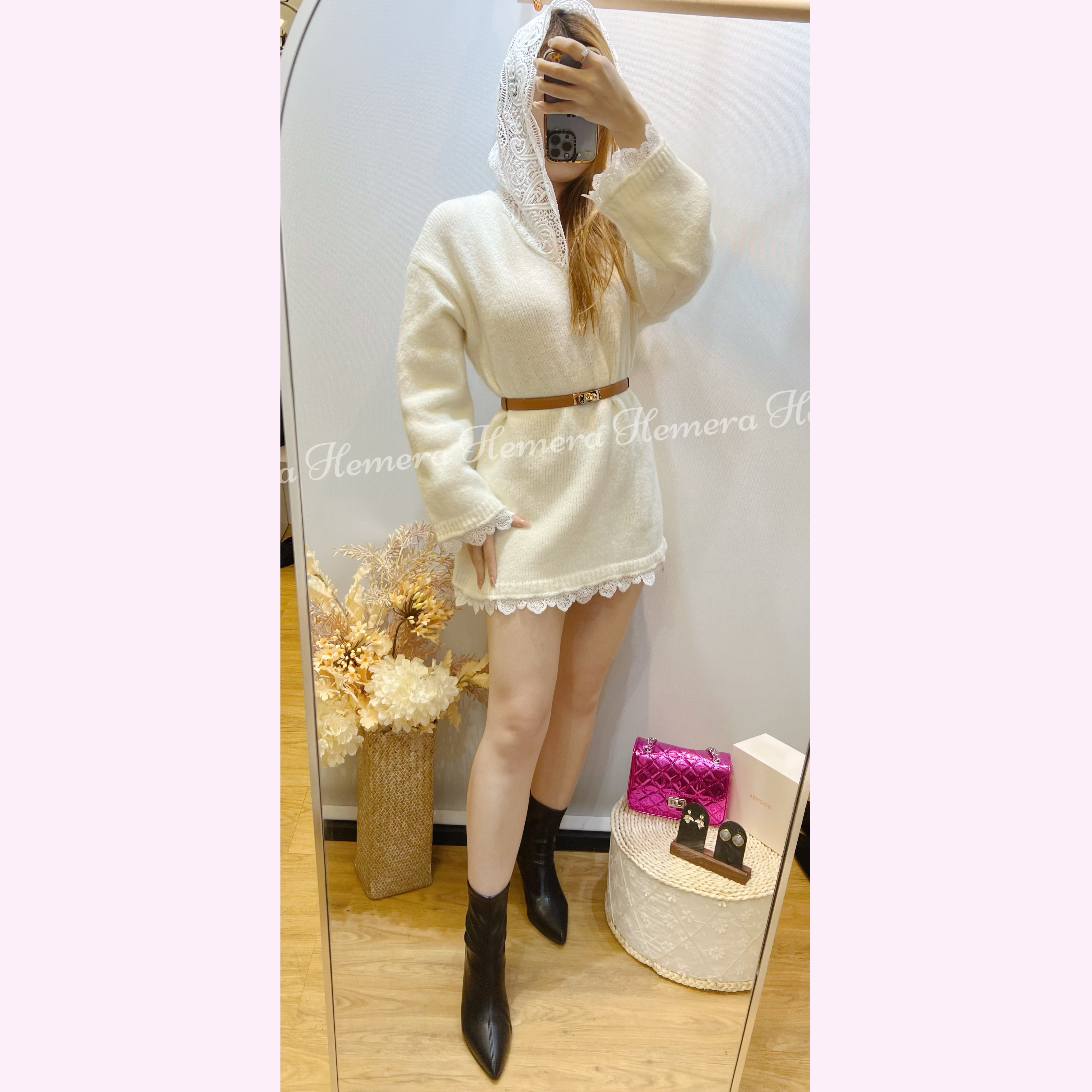 DR24W0105 LACE帽及圍邊羊毛料連身裙