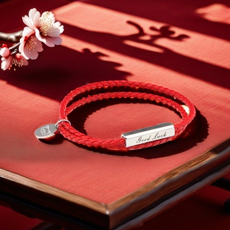 紅色開運皮革手繩 (定製相合生肖/人名)