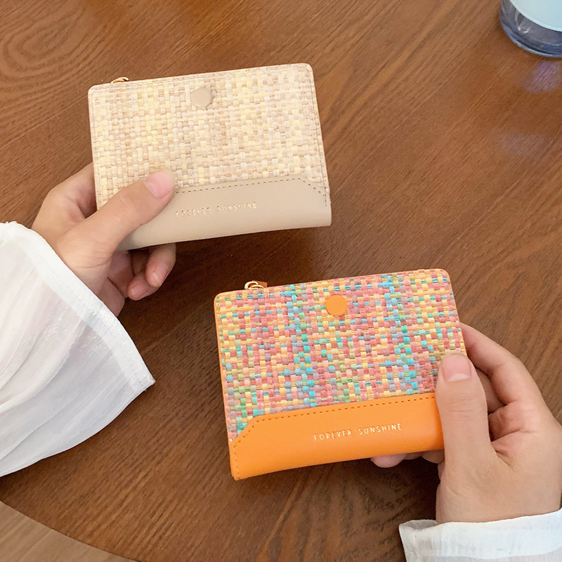 Short Woven Bi-Fold Wallet with Zipper