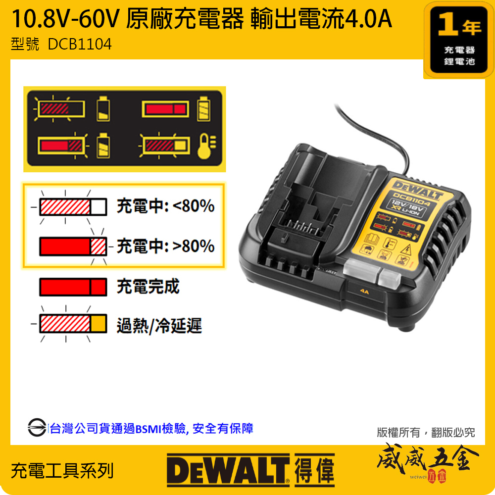 DEWALT 美國 得偉｜12V-20V-60V 原廠充電器 鋰電池用充電器｜輸出4.0A｜DCB1104｜公司貨