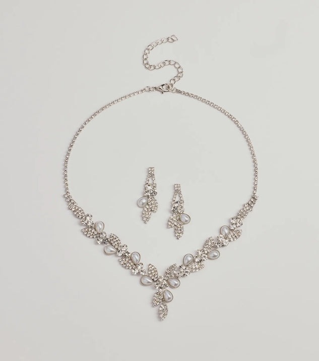 Lux Silver銀色水鑽珍珠花卉項鍊+ 耳環珠寶套組