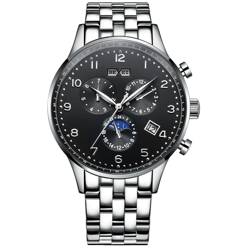 【BEXEI 貝克斯】9232 鏤空 日月星辰 日期顯示 真三眼 不鏽鋼 全自動機械 手錶 -