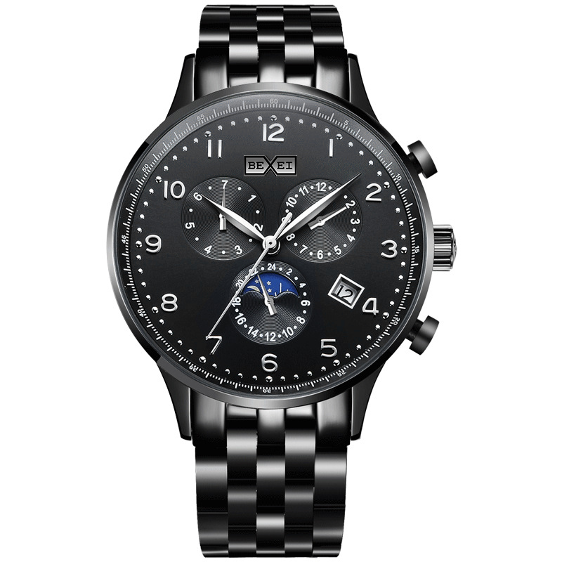 【BEXEI 貝克斯】9232 鏤空 日月星辰 日期顯示 真三眼 不鏽鋼 全自動機械 手錶 -