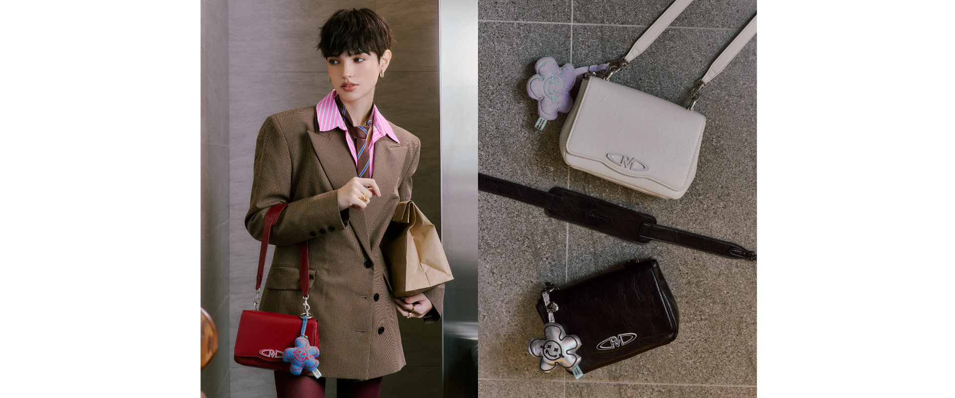 模特兒身穿西裝外套，手提La Meego斜背包